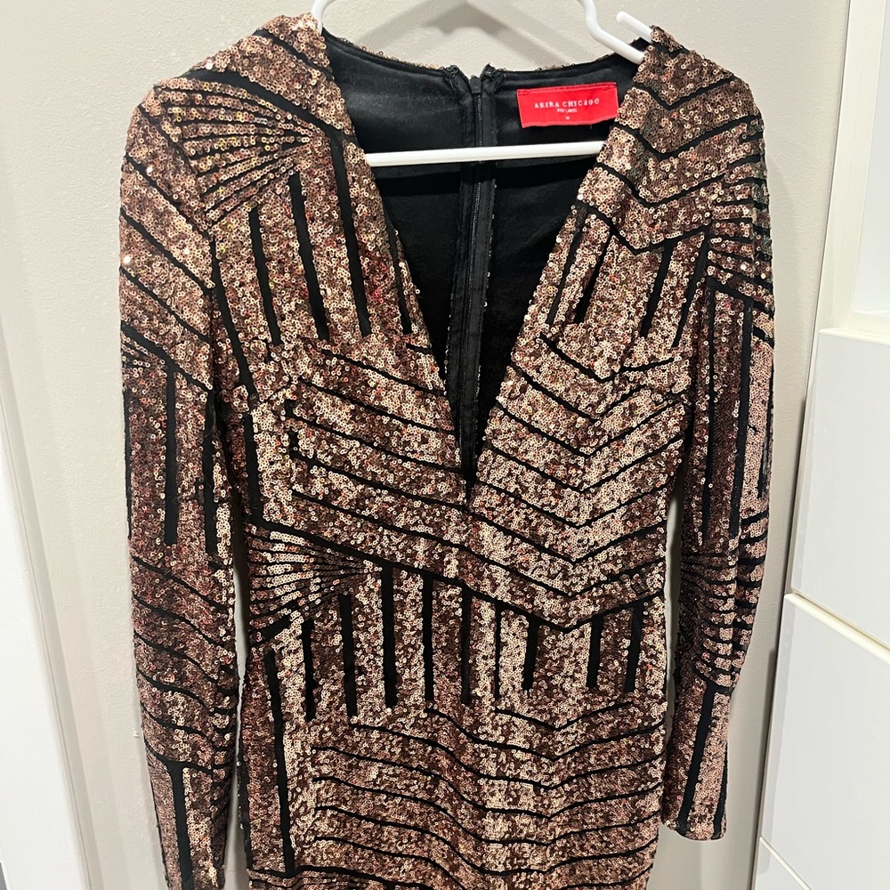 AKIRA Rose Gold and Black Sequin Mini Dress